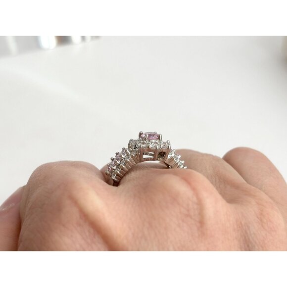 Pink Topaz & CZ Halo Crown Shaped 925 Sterling Silver Vintage Ring - sz 8 - Picture 10 of 12